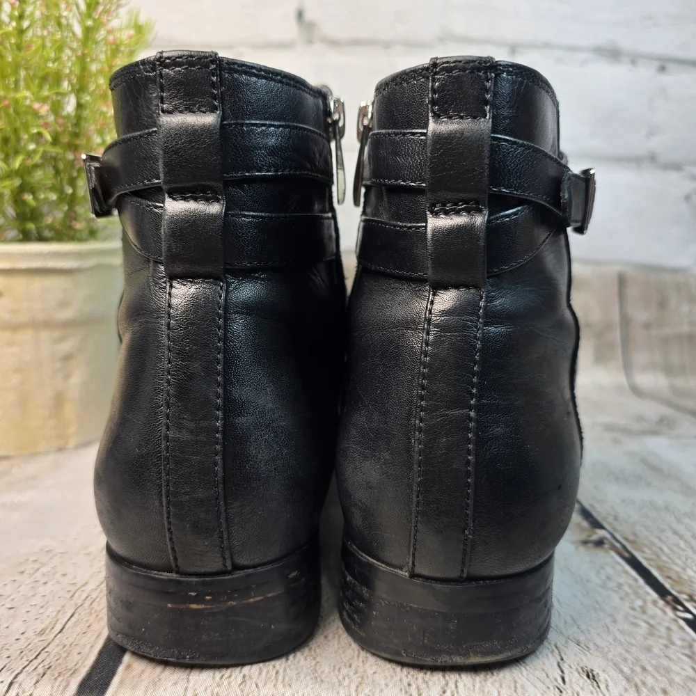 J. JILL BLACK LEATHER WOMENS ANKLE BOOTS SIDE ZIP ROUND TOE BUCKLE 9.5